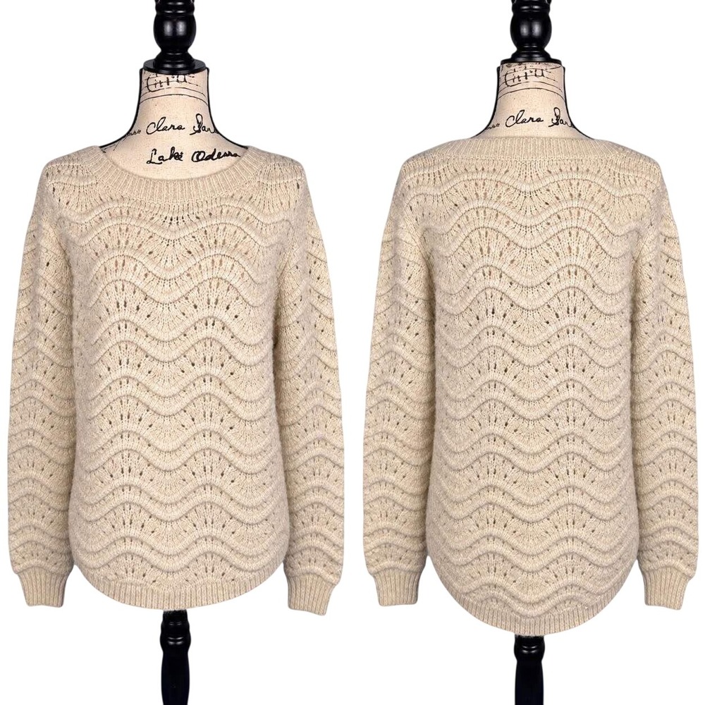 North River Pointelle Cable Knit Sweater Oatmeal Fisherman Nautical Women Large